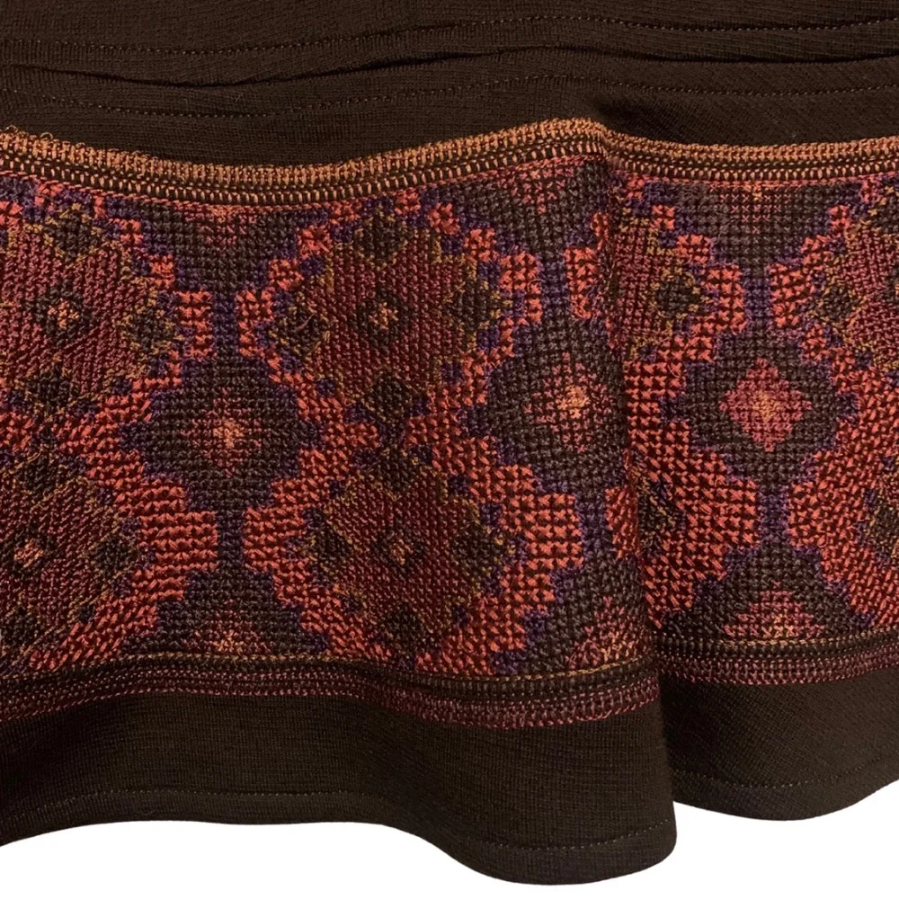 Kay Unger Chocolate Brown Red Floral Stitch Wool Midi Skirt 2 High Waist Retro